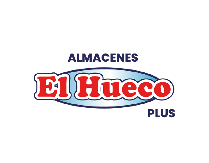 Logotipo de "El Hueco Plus" con la palabra "ALMACENES" en la parte superior, colores predominantes rojo y azul sobre fondo blanco. Diseño sencillo y moderno.