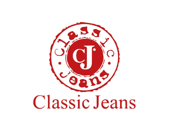 Logotipo de Classic Jeans en colores rojo y blanco, con las letras "CJ" en el centro y el texto "Classic Jeans" en la parte inferior.