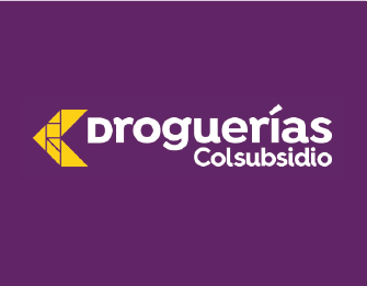 Logotipo de Droguerías Colsubsidio con fondo morado, que incluye un símbolo amarillo a la izquierda y el texto en blanco a la derecha.
