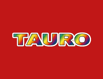 Texto en colores arcoíris sobre fondo rojo que dice "TAURO".